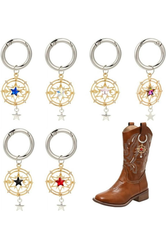 Alloy Rhinestone Shoe Charms with Spring Gate Rings Flat Round with Star Charm for Boot Decoration Mixed Color 68mm 6 colors 1pc/color 6pcs/set