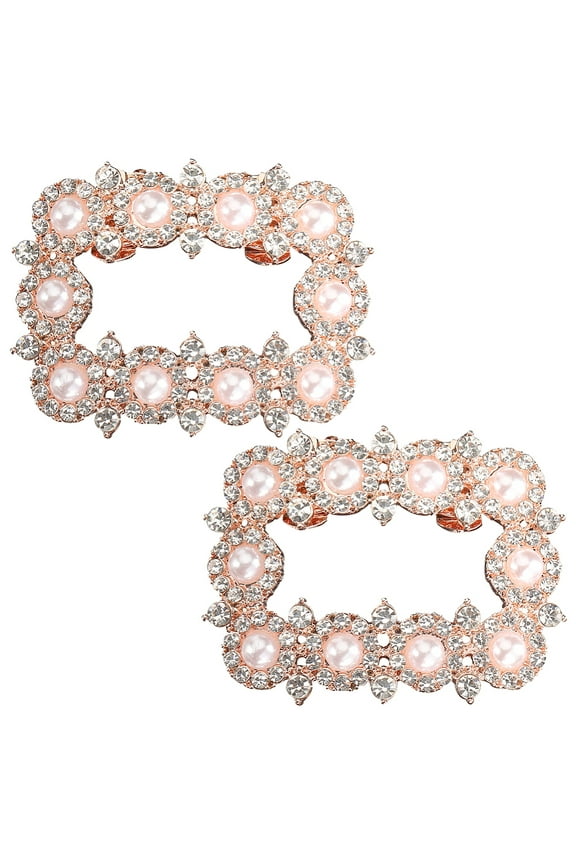 Alloy Rhinestone Shoe Decoration Detachable Shoe Buckle Clip with Plastic Imitation Pearl Rectangle Rose Gold 42.5x55.5x9.5mm Diy