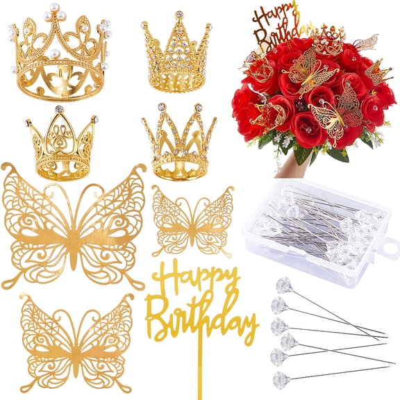 Alloy Rhinestones Acrylic Cake Toppers Paper Wall Stickers and Head Steel Sewing Craft Positioning Needles for Birthday Cake Decoration Golden