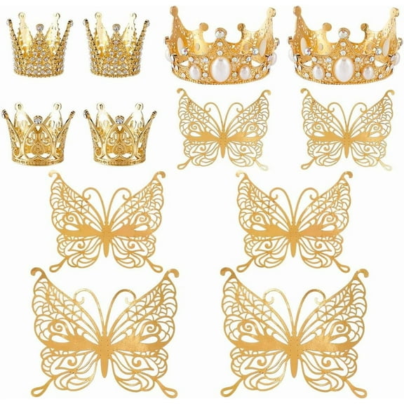 Alloy Rhinestones Crown Cake Decoration with Paper Wall Stickers for Birthday Cake Decoration Golden 70~104x80~120x0.2mm