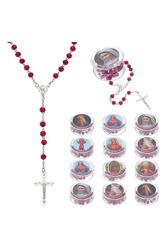 Alloy & Rondelle Wood Rosary Bead Necklaces Jesus Pendant Necklaces Platinum with Random Round Plastic Cases FireBrick 26.77 inch(68cm)