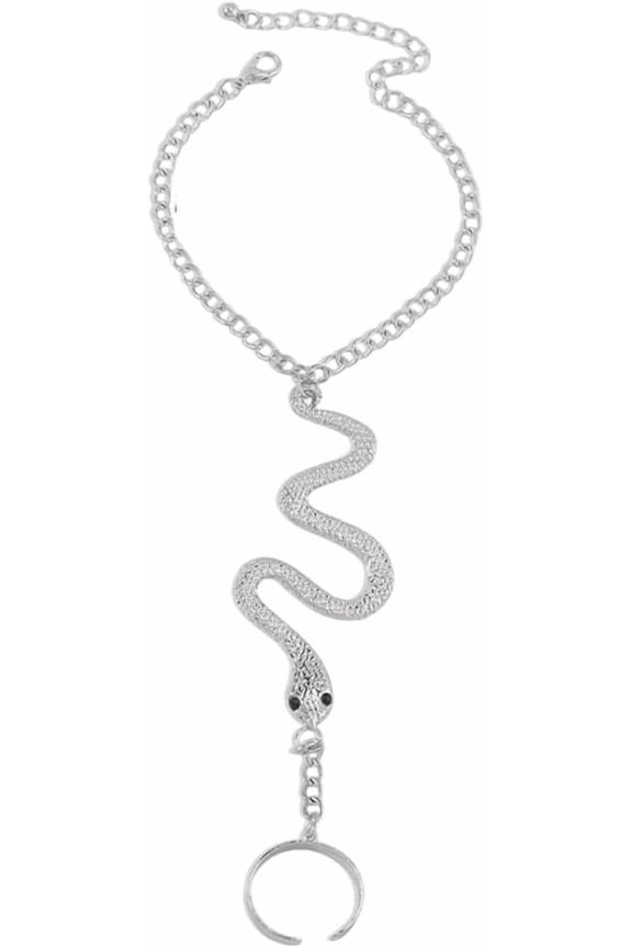 Alloy Snake Bracelet Punk Hand Chain Vintage Goth Rock Serpent Blessed Lucky Finger Ring Link Tassel Wrist Hand Bracelet for Party Gifts Women Jewelry Accessories Silver