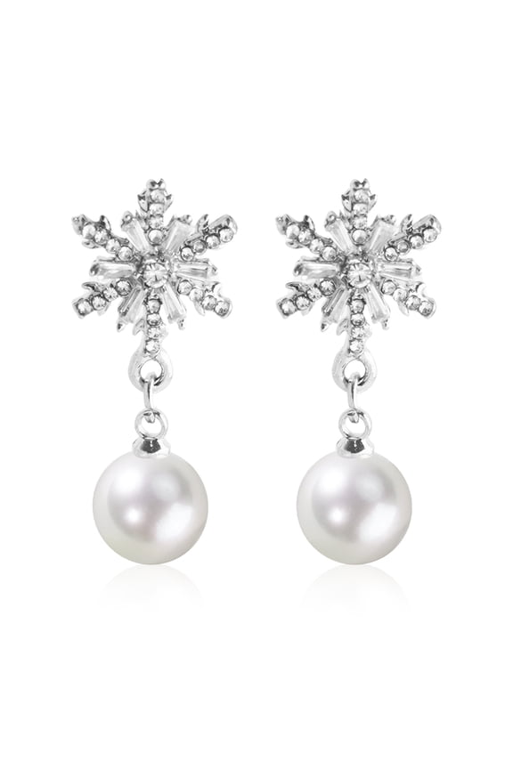 Alloy Snowflake Earrings with Pearl Drops, Winter Christmas Pearl Stud Earrings for Women, Winter Holiday Sparkling Snow Crystal Jewelry Gifts