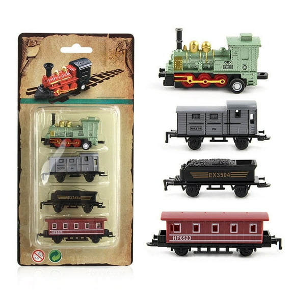 Alloy Steam Train Toy Set Pull Back Regenerative Car with 4 Connectable Cars Miniature Model for Kids Travel Ornament Gift(Green)