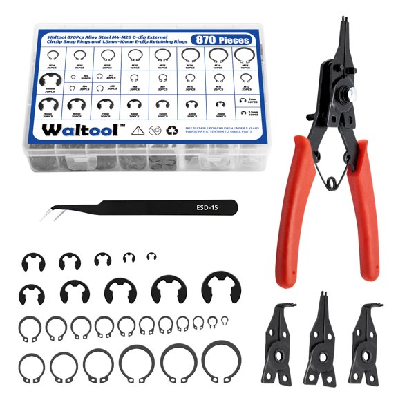 Alloy Steel C-Clip E-Clip Retaining Rings Set with Snap Ring Pliers 870pcs