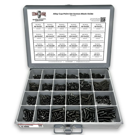 Alloy Steel Cup Point Allen Socket Set Screw Coarse Thread Black Oxide Assortment - 1396 Pieces