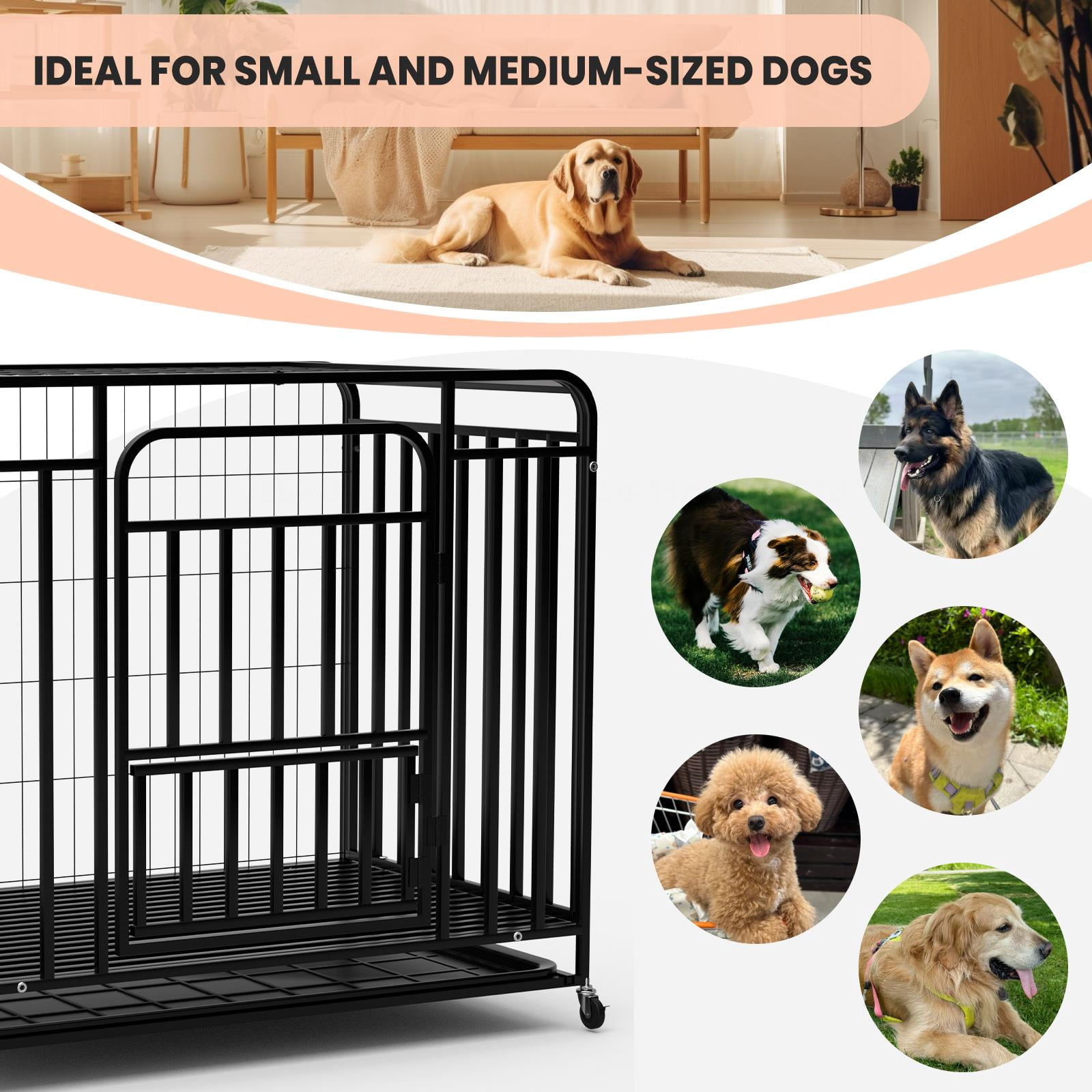 Alloy Steel Dog Crate with Front & Top Door, 36.4" Indoor Outdoor Dog Kennel with Lockable Wheels, Removable Tray for Easy Cleaning