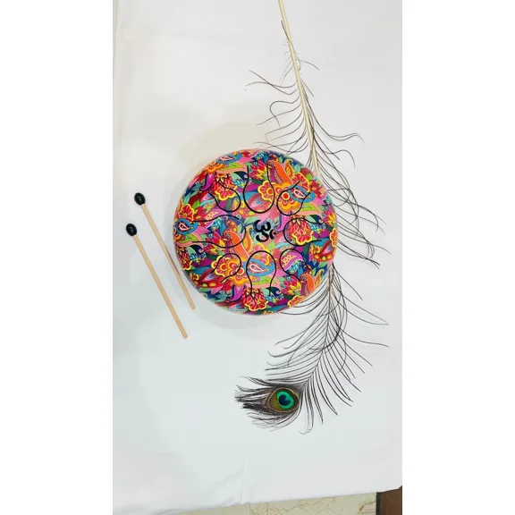 NARAYANI CRAFTS Steel Tongue Drum, 10 inches, Multicolor Alloy Steel, OM Buddha Pattern, Meditation Set with Carry Bag