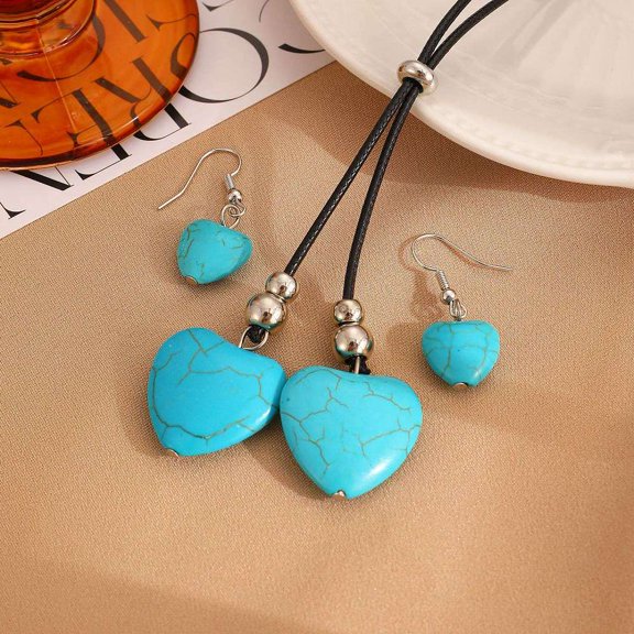 Alloy & Synthetic Turquoise & Imitation Leather Cord Pendant Necklaces & Dangle Earrings sets Platinum Heart 1000mm