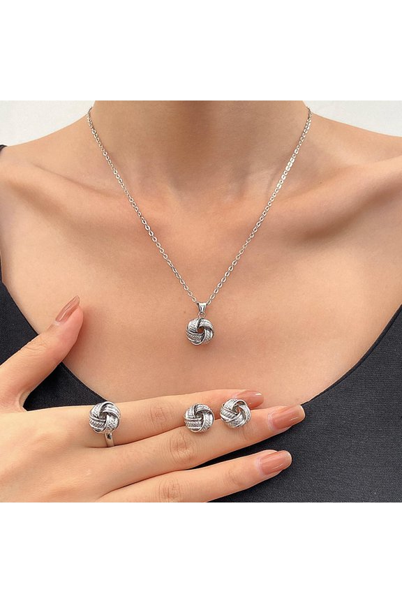 Alloy Twist Knot Cuff Rings & Pendant Necklaces & Stud Earrings sets Platinum 500mm