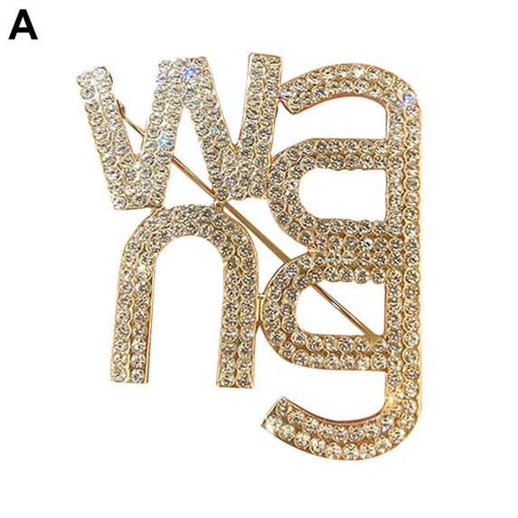 Alloy Women Fashion Jewelry Badge Pin Wang Letter Brooches Rhinestone K6Z4