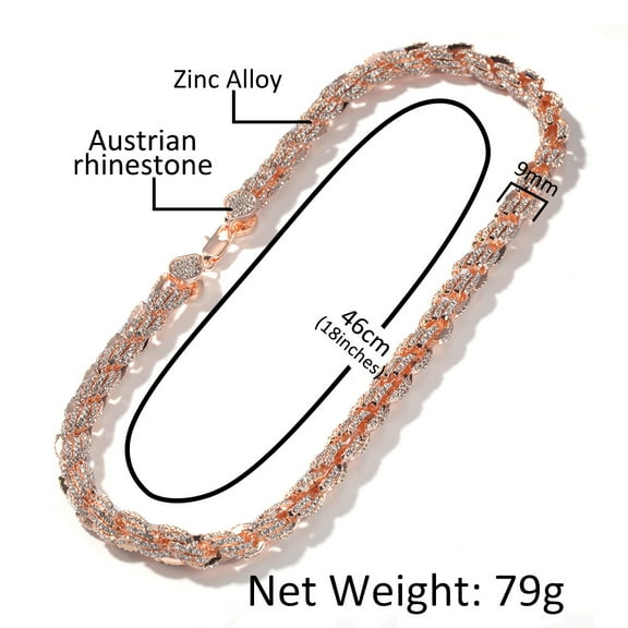 Alloy diamond inlaid 9mm gold Fried Dough Twists necklace new fashion exaggerated men's necklace multi specification