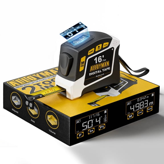 Alloyman 2-in-1 Digital Tape Measure, 16Ft Length, 6 Unit Options, 4 Measuring Modes, Stores 50 Records, Auto Lock with Magnetic Hook, Waterproof & Drop-Resistant