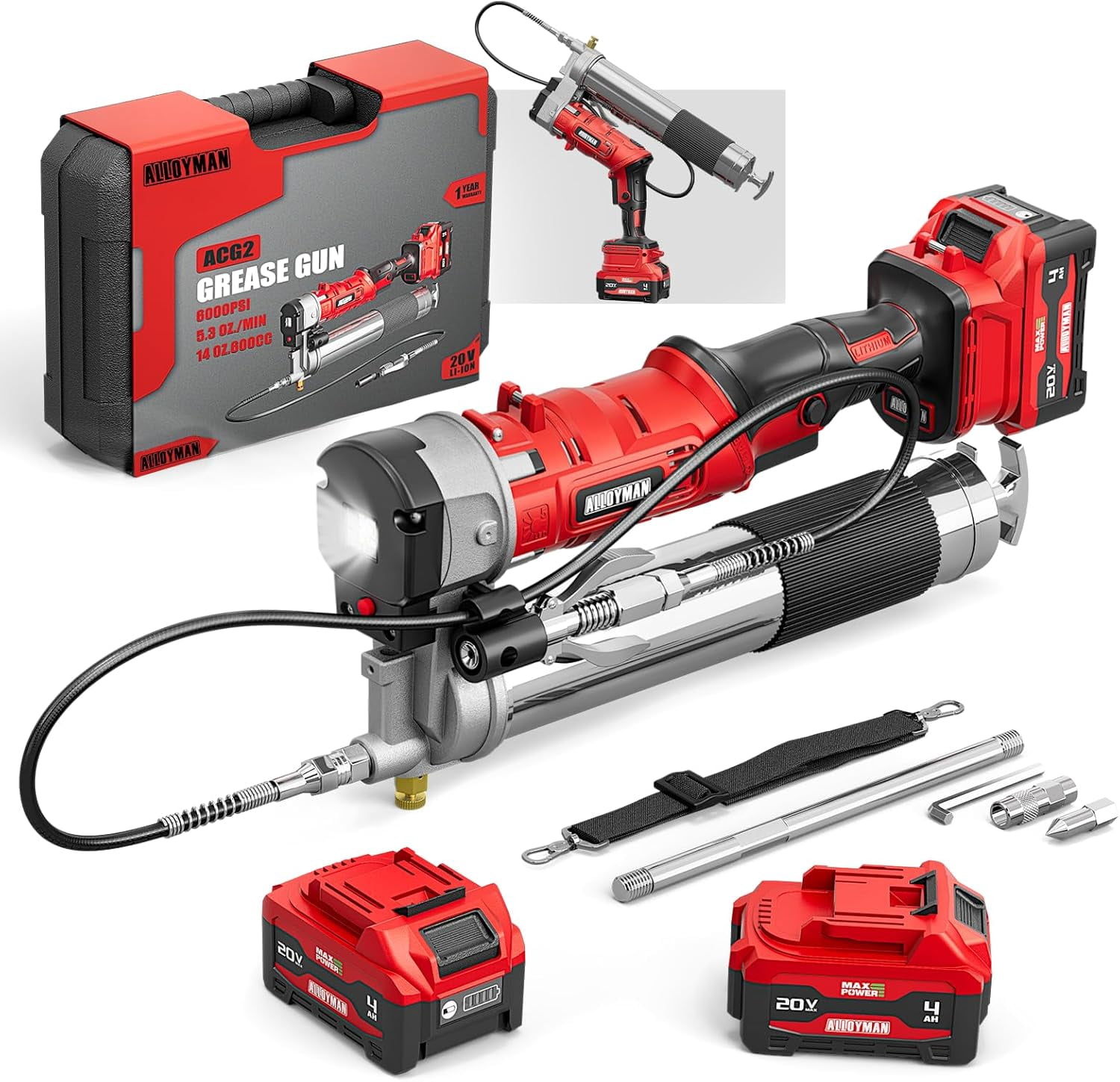 Alloyman 2-in-1 Electric Grease Gun Kit - 6000-12000 PSI, 2x 4.0Ah Batteries, 20oz Capacity