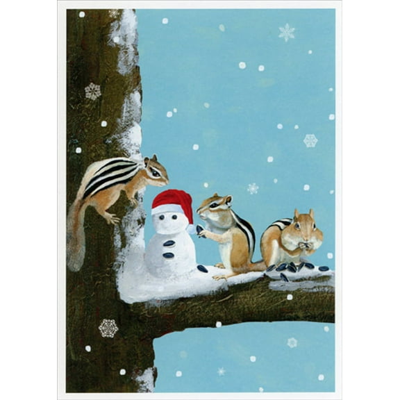 Allport Editions Three Chipmunks Building Snowman on Tree Branch Box of 12 Funny Christmas Cards