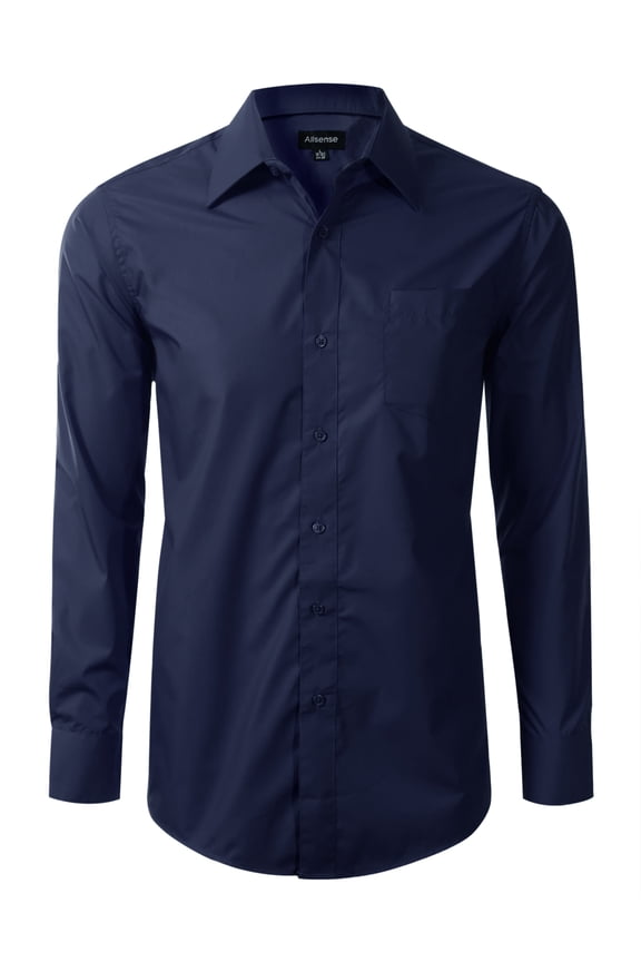 Men’s Performance Stretch Dress Shirt Long Sleeve Button Front, Navy Blue, Large