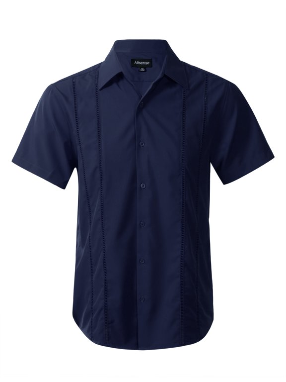 Men’s Modern Guayabera Vacation Shirt Short Sleeve Button Front, Navy, 2XL