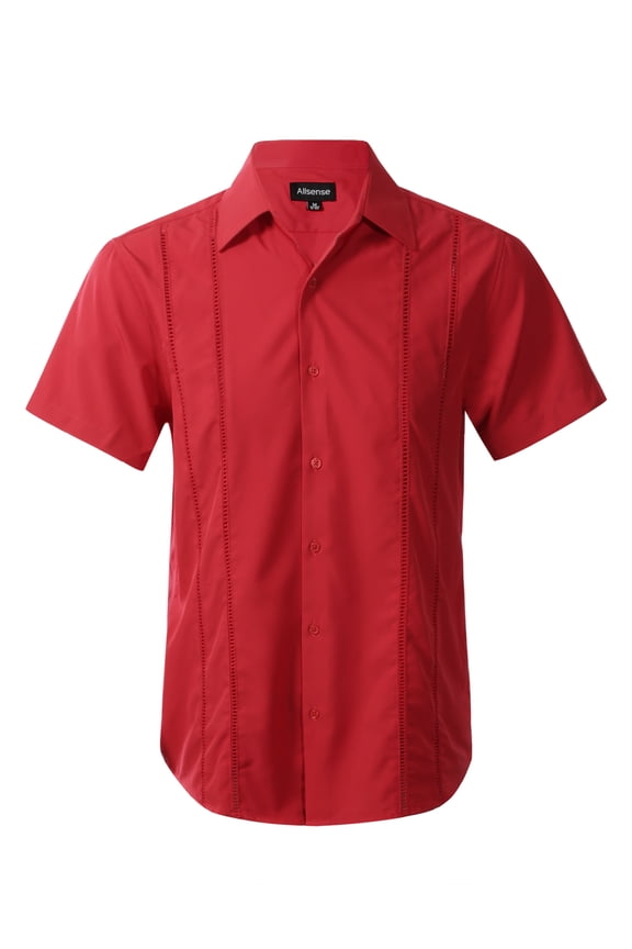 Men’s Modern Guayabera Vacation Shirt Short Sleeve Button Front, Black, 3XL