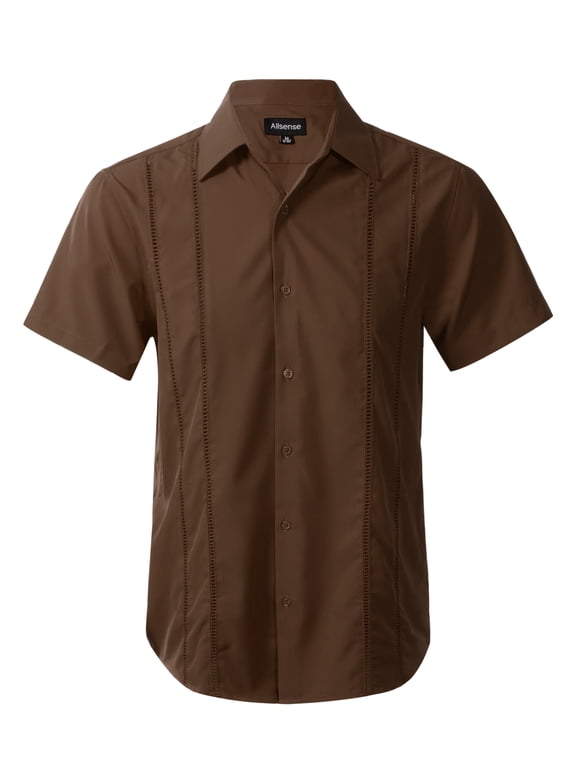 Men’s Modern Guayabera Vacation Shirt Short Sleeve Button Front, Black, 3XL
