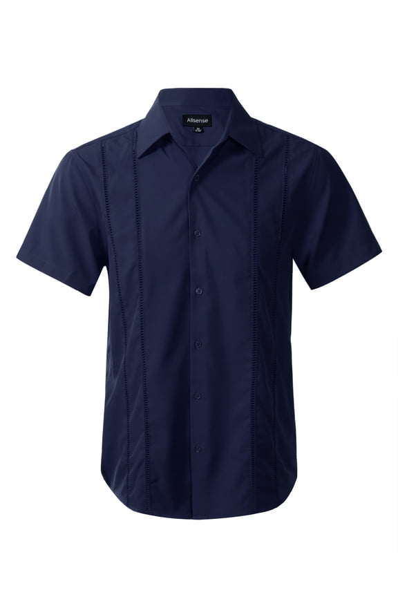 Men’s Modern Guayabera Vacation Shirt Short Sleeve Button Front, Navy, Large