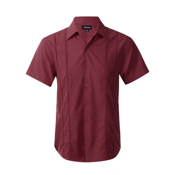 Allsense Men’s Guayabera Shirt Short Sleeve Beach Summer Button Down, Black, Large