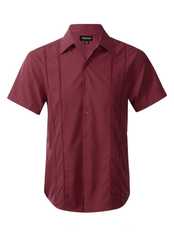 Men’s Modern Guayabera Vacation Shirt Short Sleeve Button Front, Black, Large