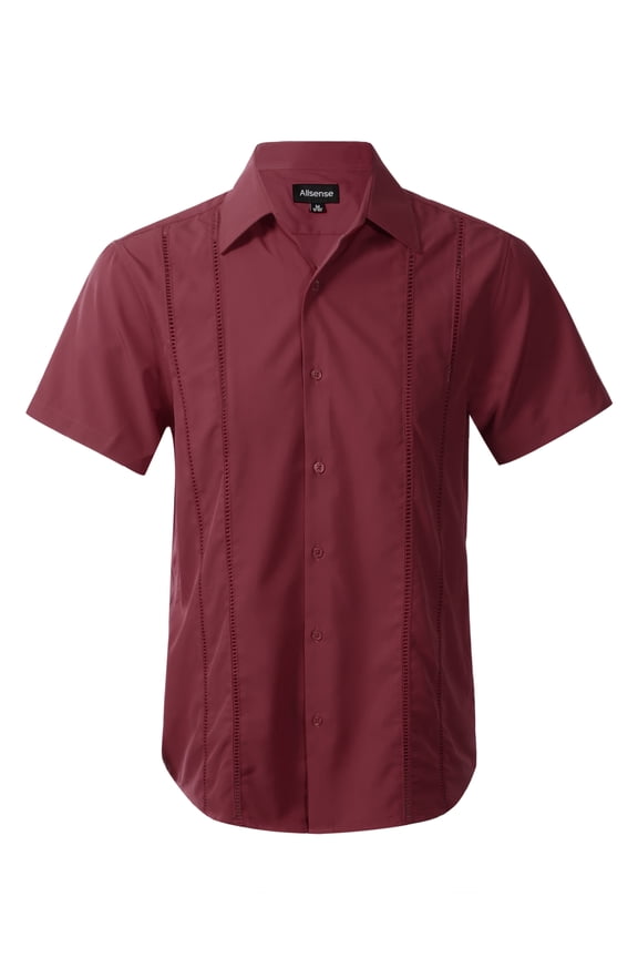 Men’s Modern Guayabera Vacation Shirt Short Sleeve Button Front, Black, Large