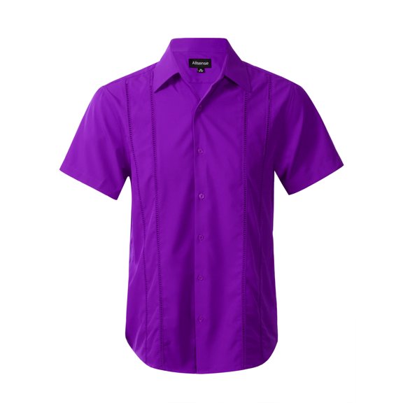 Allsense Men’s Guayabera Shirt Short Sleeve Beach Summer Button Down, Black, Large
