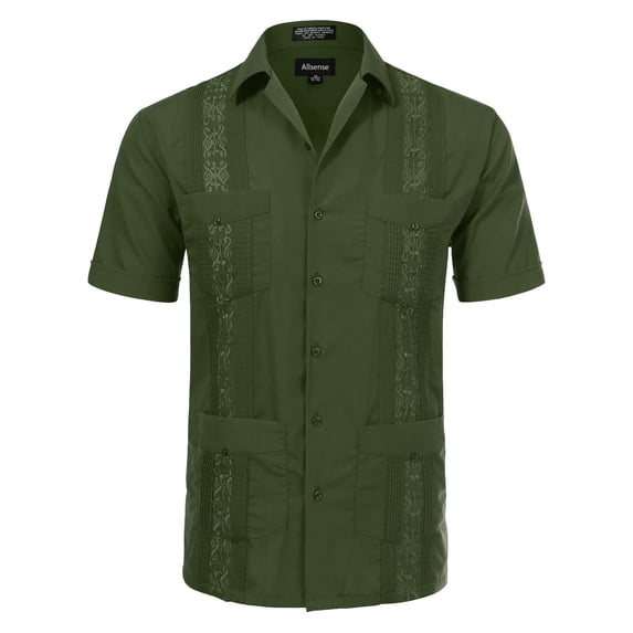 Allsense Men's Short-Sleeve Button-Down Cuban Guayabera Shirt, Dark Olive, XL