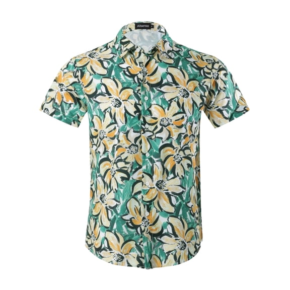 Allsense Men's Short-Sleeve Button-Down Floral Hawaiian Shirt, Green/Orange, X-Large