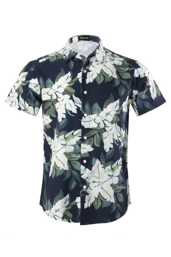 Men’s Hawaiian Shirt, Short Sleeve Tropical Floral Button Front, Navy Blue/Green/Yellow, Large