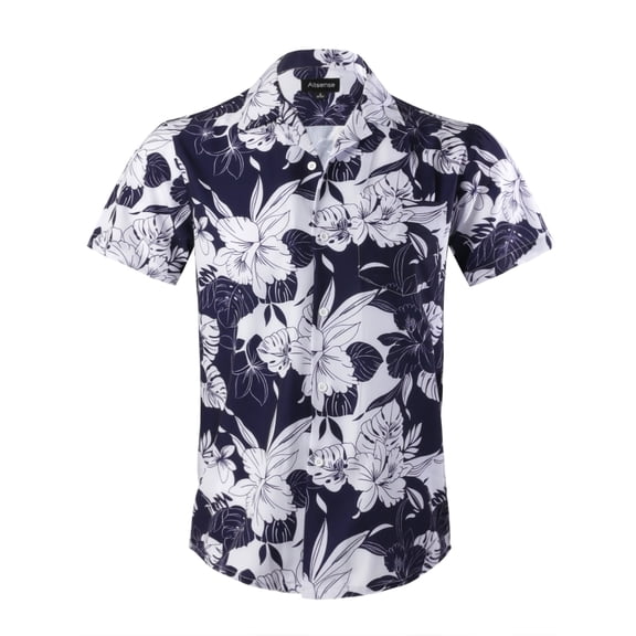 Allsense Men's Short-Sleeve Button-Down Floral Hawaiian Shirt, Navy Blue/White, Large