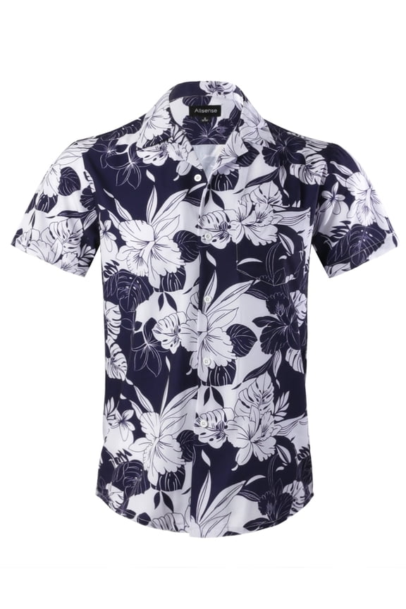 Men's Short-Sleeve Button-Down Floral Hawaiian Shirt, Navy Blue/White, Medium