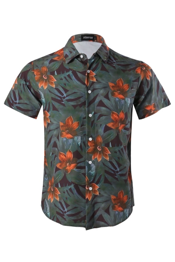 Men's Short-Sleeve Button-Down Tropical Hawaiian Shirt, Olive Green/Rust Red, X-Large