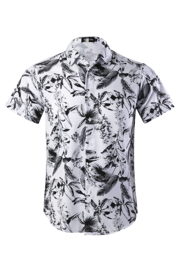 Men's Short-Sleeve Button-Down Tropical Hawaiian Shirt, White/Black, 2XL