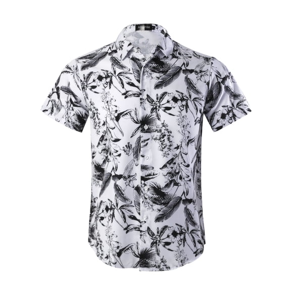 Allsense Men's Short-Sleeve Button-Down Tropical Hawaiian Shirt, White/Black, 2XL