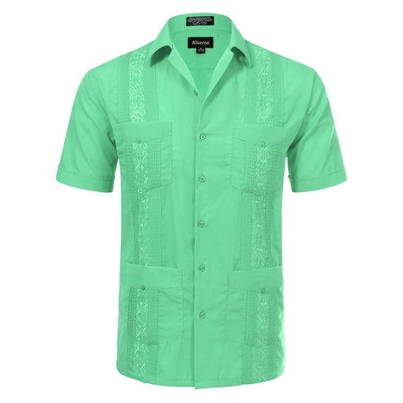 Allsense Men's Short Sleeve Cuban Guayabera Color Collared Shirts Party Aqua L