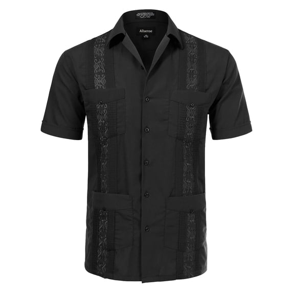 Allsense Men's Short-Sleeve Button-Down Cuban Guayabera Shirt, Black, XL