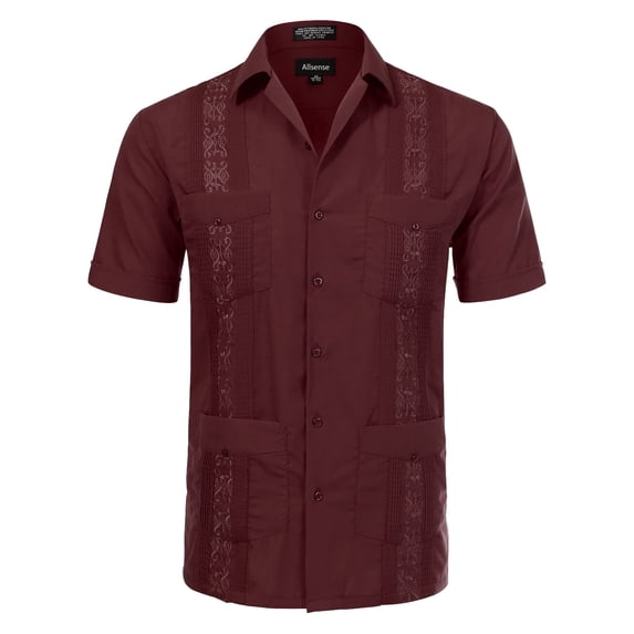 Allsense Men's Short-Sleeve Button-Down Cuban Guayabera Shirt, Burgundy, L