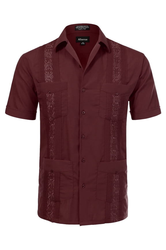 Men's Short-Sleeve Button-Down Cuban Guayabera Shirt, Burgundy, S