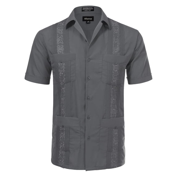 Allsense Men's Short-Sleeve Button-Down Cuban Guayabera Shirt, Charcoal, 2XL