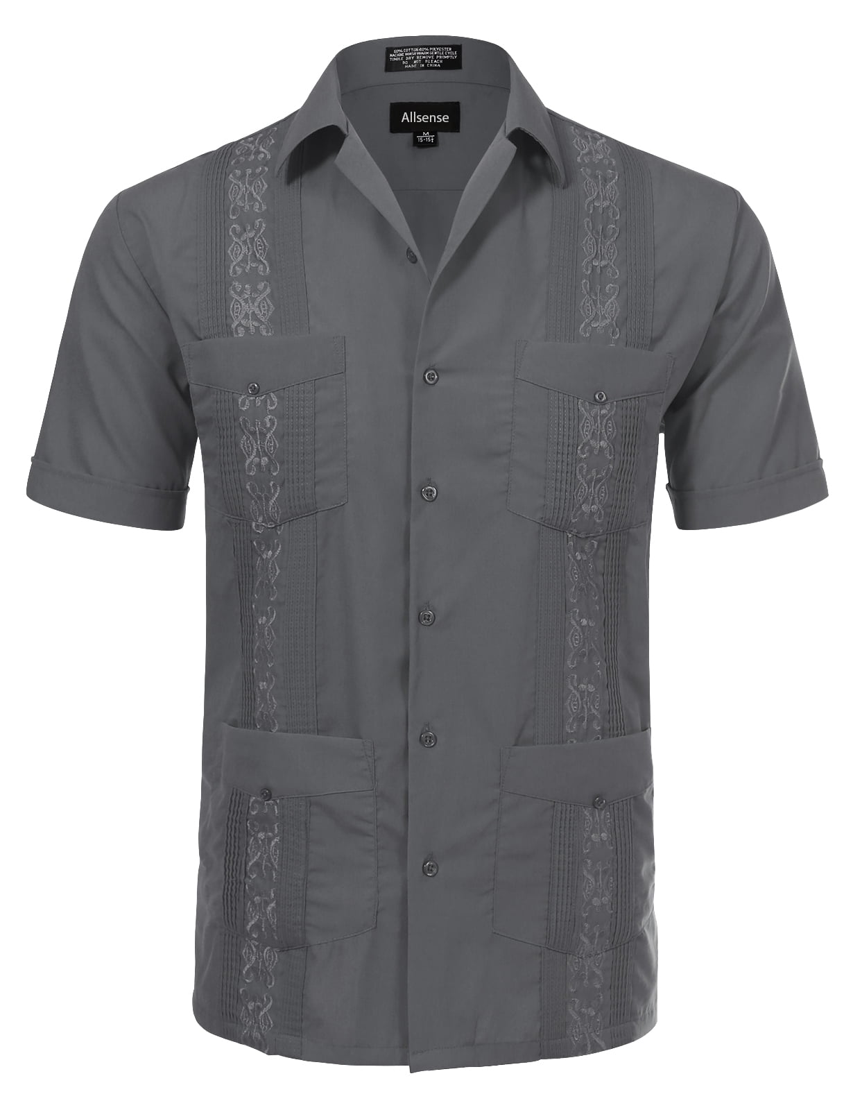 Allsense Men's Short Sleeve Cuban Guayabera Color Collared Shirts Party  Charcoal XL