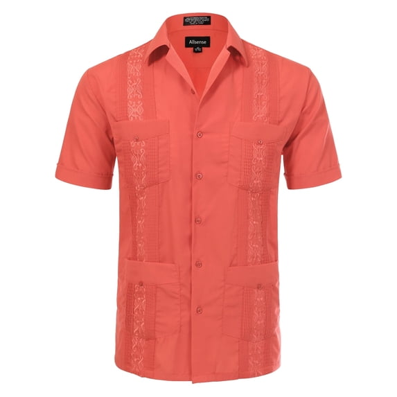 Allsense Men's Short-Sleeve Button-Down Cuban Guayabera Shirt, Coral Pink, 3XL