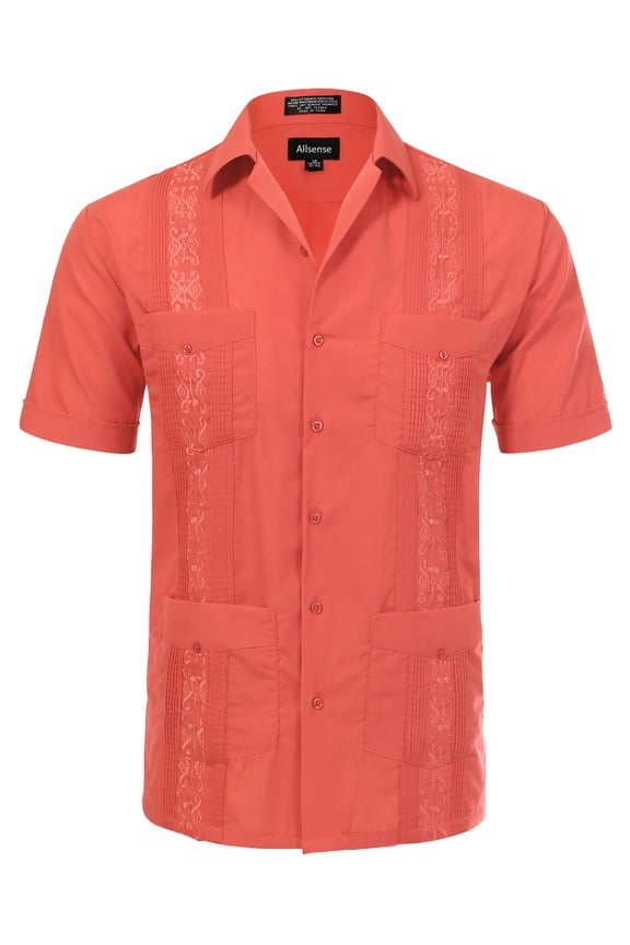 Men's Short-Sleeve Button-Down Cuban Guayabera Shirt, Coral Pink, M
