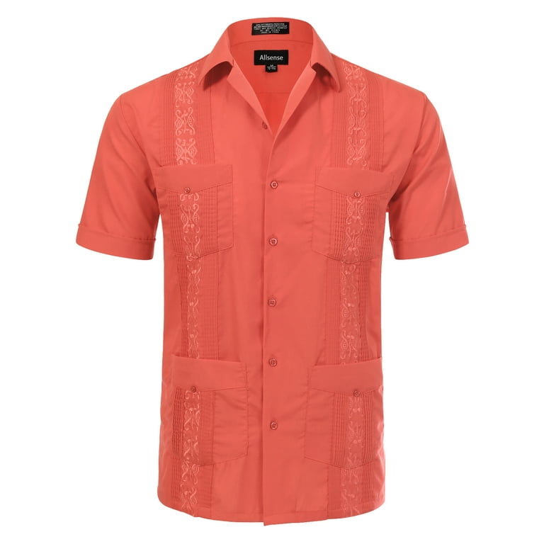 Allsense Men s Short Sleeve Cuban Guayabera Color Collared Shirts Party Coral S