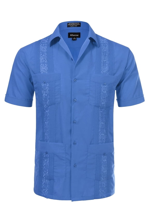 Men's Short-Sleeve Button-Down Cuban Guayabera Shirt, French Blue, XL