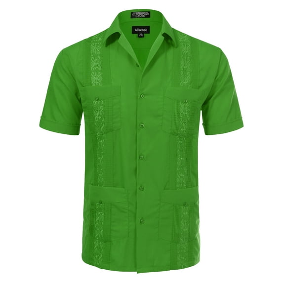 Allsense Men's Short Sleeve Cuban Guayabera Color Collared Shirts Party Green S