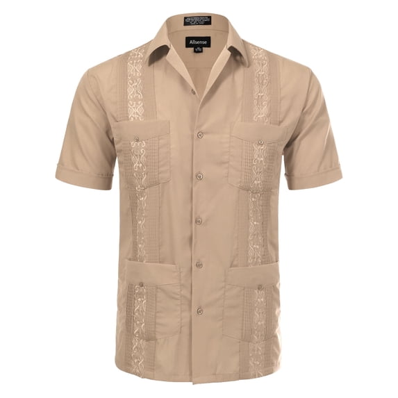 Allsense Men's Short-Sleeve Button-Down Cuban Guayabera Shirt, Khaki, S