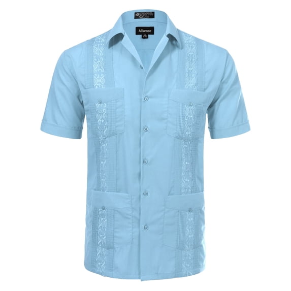 Allsense Men's Short-Sleeve Button-Down Cuban Guayabera Shirt, Light Blue, M