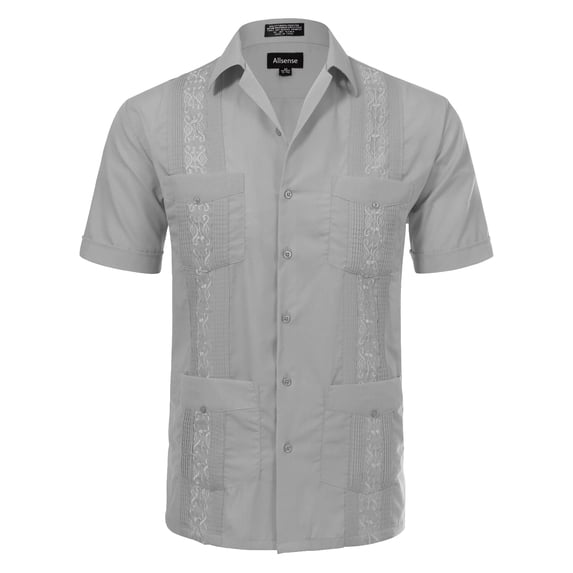 Allsense Men's Short-Sleeve Button-Down Cuban Guayabera Shirt, Light Grey, S